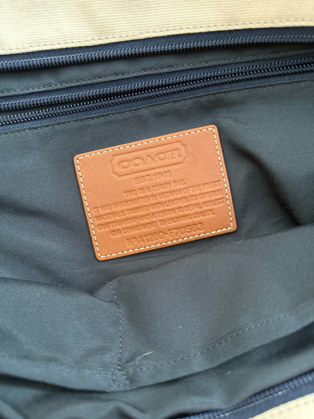 Coach Canvas Messenger Bag in Cream, Navy & Brown - Picture 3 of 4